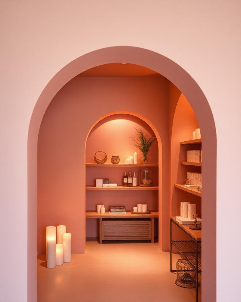 Warm terracotta spa interior with arched alcoves